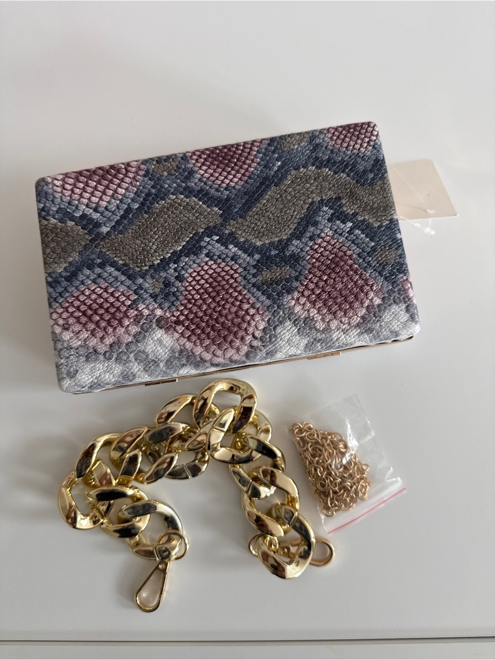 Snake-Print Clutch with Gold Chain Strap - Pink & Gray